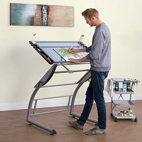 SD STUDIO DESIGNS Triflex Drawing Table, Sit to Stand Up Adjustable Office Home Computer Desk, 35.25" W X 23.5" D, Silver/Blue Glass