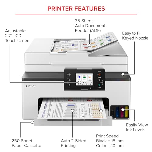 Canon Megatank GX2020 All-in-One Wireless Printer | Print, Copy, Scan | Mobile Printing | 2.7" Color Touchscreen | Auto Document Feeder | Auto Duplex