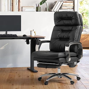 Kinnls Vane Massage Office Chair with Footrest - Executive Genuine Leather Desk Task Chair - 500lbs (Black)