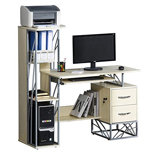 HOMCOM Modern Computer Desk with 4-Tier Bookshelf, Home Office Writing Table Workstation with Tower Storage Shelves Keyboard Tray & Lockable Drawers, Natural