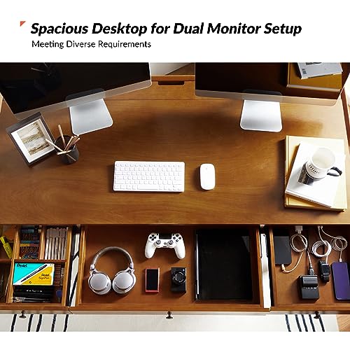 HULALA HOME Home Office Desk with 3 Drawers, Solid Wood Legs, Charging Station, Cable Management - Mid Century Modern Writing Table - Walnut