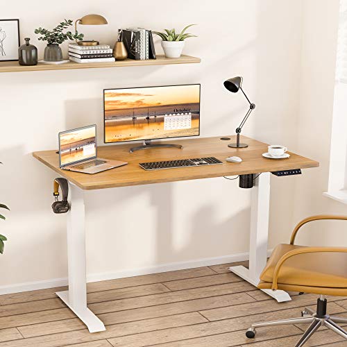 Meilocar Height Adjustable Electric Standing Desk, Sit Stand Computer Desk w/Memory Controller, Home Office Workstation Stand up Desk with Splice Board, 63" x 24" Tabletop (Walnut Top + White Frame)