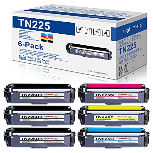 6-Pack(3BK+1C+1M+1Y) TN225 TN 225 Toner Cartridge Replacement for Brother TN-225 HL3170CDW HL-3170CDW HL3140CW HL3180CDW MFC9130CW MFC9330CDW MFC9340CDW Printer