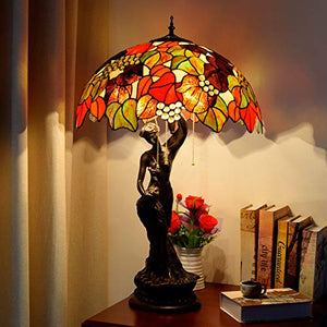 NINGZ Tiffany Style Stained Glass Table Lamp - Dead Leaves Green Leaf Shade - Vintage Bedside/Nightstand Light