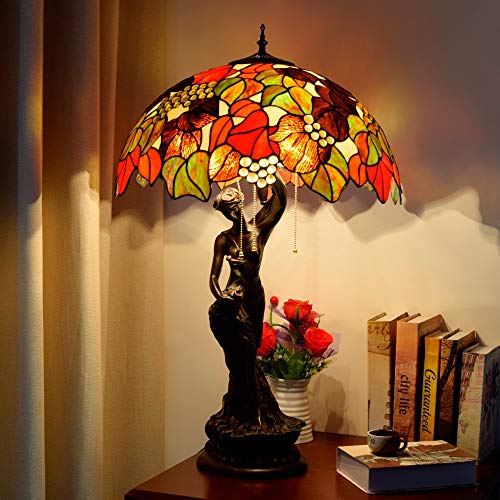 NINGZ Tiffany Style Stained Glass Table Lamp - Dead Leaves Green Leaf Shade - Vintage Bedside/Nightstand Light
