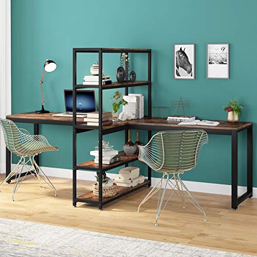 Tribesigns Two Person Computer Desk with Bookshelf, 90 Inches Double Face-Face Workstation Desk with Storage Shelf for Two Person, Two Person Writing Office Desk for Home Office (Vintage)