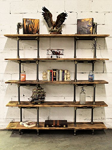 Furniture Pipeline Eugene Industrial vintage 64-inch Large Storage 5-shelf Pipe Bookcase Metal and Reclaimed/Aged Wood Finish