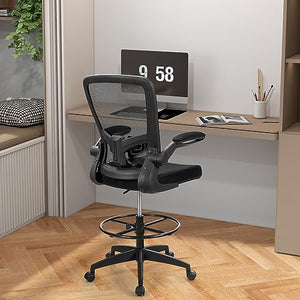 COSTWAY Drafting Chair with Flip-up Armrests & Adjustable Foot Ring, High Back, Ergonomic Lumbar Support - Black (2 Pack)