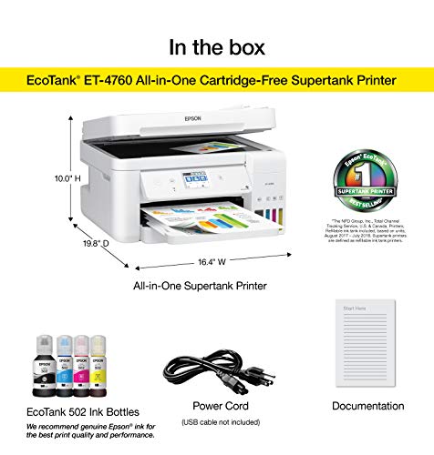 Epson EcoTank ET-4760 Wireless Color All-in-One Cartridge-Free Supertank Printer with Scanner, Copier, Fax, ADF and Ethernet - White