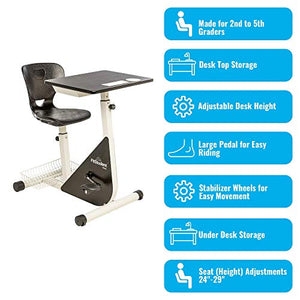 FitStudent Junior Bike Desk - Standing Desk Exercise Bike Pedal Machine with Stabilizer Wheels for Easy Movement - Height Adjustable Desk and Seat with Desk Top Storage