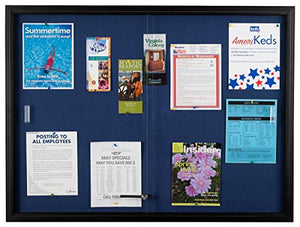 Locking Bulletin Board, 48 x 36 Inch, Blue Fabric, Sliding Glass Doors