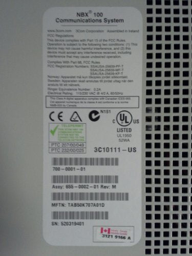 3Com Corporation 3COM Corp NBX 100 6SLOT CHAS APX-30M/4 4PT VM 30MIN LIC (3C10111)