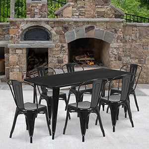Flash Furniture Commercial Grade 7-Piece Black Metal Table Set with 6 Stack Chairs