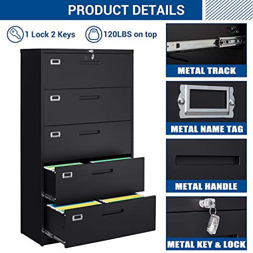 Fesbos 5 Drawers Lateral File Cabinet with Lock - Metal Steel Filing Cabinet for Home Office