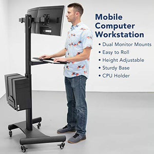 Mount-It! Adjustable Mobile PC Workstation for Dual Monitors | Mobile Standing Computer Cart with Adjustable Keyboard Tray and CPU Holder | Rolling Computer Desk Fits Monitors 13 to 32 Inches