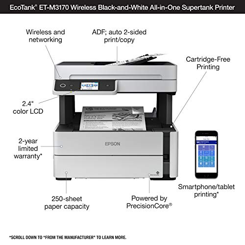 Epson EcoTank ET-M3170 Wireless Monochrome All-in-One Supertank Printer with ADF, Fax and Ethernet PLUS 2 Years of Unlimited Ink