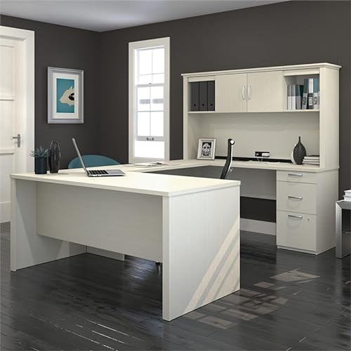 Atlin Designs Modern Wood U-Shaped Computer Desk with Hutch in White/Chocolate