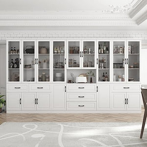 Hitow Tall Bookshelf with Glass Doors & Drawers, 2-Piece Large Storage Cabinet Set - White (141.7" W x 15.7" D x 78.9" H)