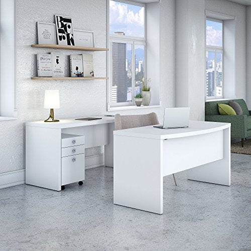 Bush Business Furniture Echo Bow Front Desk and Credenza Set with Mobile File Cabinet, 60W, Pure White