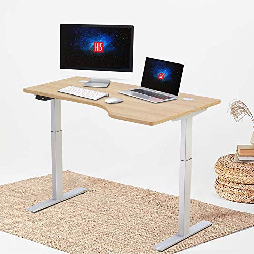 Hi5 L-Shaped (55"x33") Electric Height Adjustable Right Handed Standing Desk for Home Office Workstation (White Frame, Oak Top)