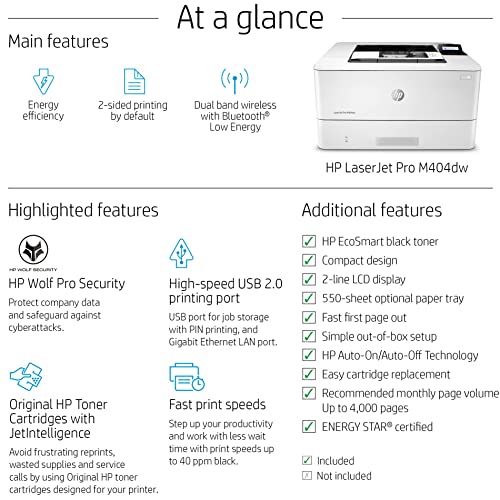 HP Laserjet Pro M404dw Wireless Monochrome Laser Printer - 40 ppm, 1200x1200 dpi, Auto Duplex Printing