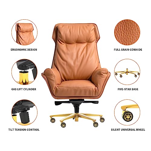 Kinnls Austin Genuine Leather Executive Office Chair with Reclining High Back and Tilt Angle (Khaki-Golden Base)