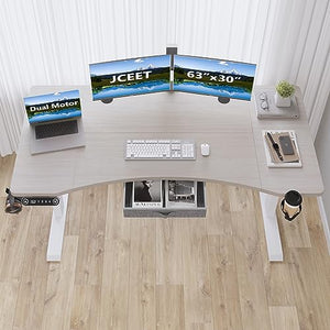 Jceet Electric Standing Desk with Drawer, 63x30 Inches, Adjustable Height Sit Stand Up Desk, Pale Pearwood Top/White Frame