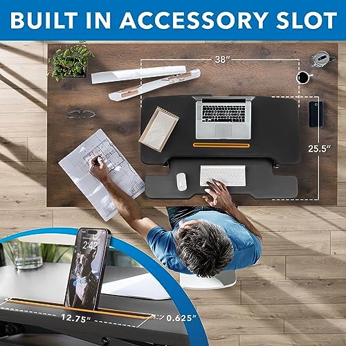 Mount-It! Electric Standing Desk Converter with 38" Tabletop, Height Adjustable Sit Stand Desk Riser, Motorized, Keyboard Tray, Device Slot - Black