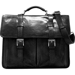 Floto Firenze Leather Buckle Strap Briefcase Messenger Bag - 1 Gusset (Black)