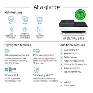 HP Envy Pro 6475 Wireless All-in-One Printer, Mobile Print, Scan & Copy, Compatible with Alexa (8QQ86A) (Renewed)