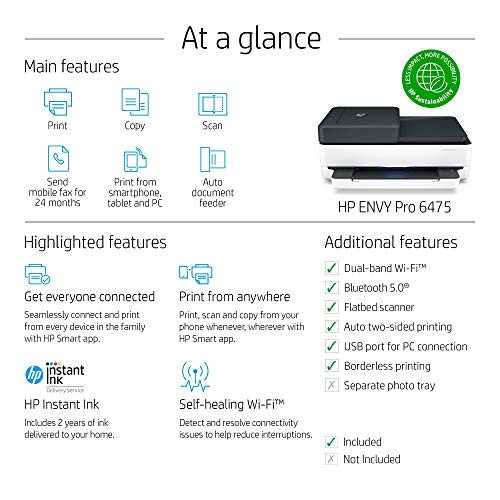 HP Envy Pro 6475 Wireless All-in-One Printer, Mobile Print, Scan & Copy, Compatible with Alexa (8QQ86A) (Renewed)