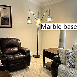 Depuley Adjustable 3-Light LED Arc Floor Lamp with Bamboo Lampshades & Marble Base