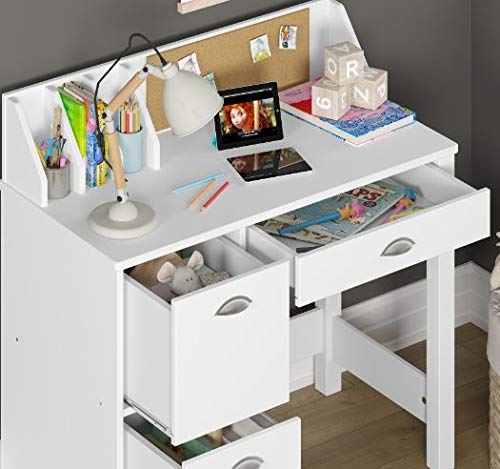 Knocbel 36in Computer Desk with 3 Storage Drawers, Built-in Bulletin Board and Dividers, Home Office Workstation Writing Table, 100lbs Weight Capacity (Pure White)
