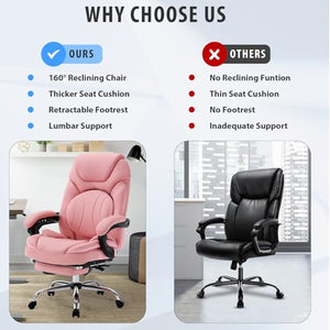 Linting Reclining Office Desk Chair with Footrest and Back Support - PU Leather, Pink, 300lbs - Managerial Executive Chair