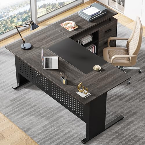 Tribesigns 63 Inch Executive Desk with File Cabinet, L Shaped Computer Desk, Gray and Black