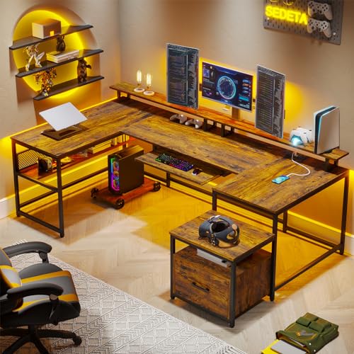 SEDETA Reversible L Shaped Home Office Desk with File Drawer & Power Outlet