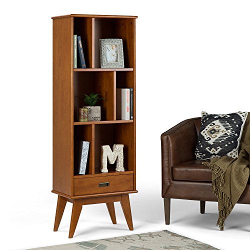 Simpli Home 3AXCDRP-12-TK Draper Solid Hardwood 64 inch x 22 inch Mid Century Modern Bookcase and Storage Unit in Teak Brown