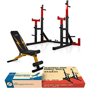 STOZM Combo Barbell Rack & Adjustable Weight Bench with Foldable Design for Weight Lifting & Full Body Workout – 14-Gauge Steel Frame (Red/Amber)