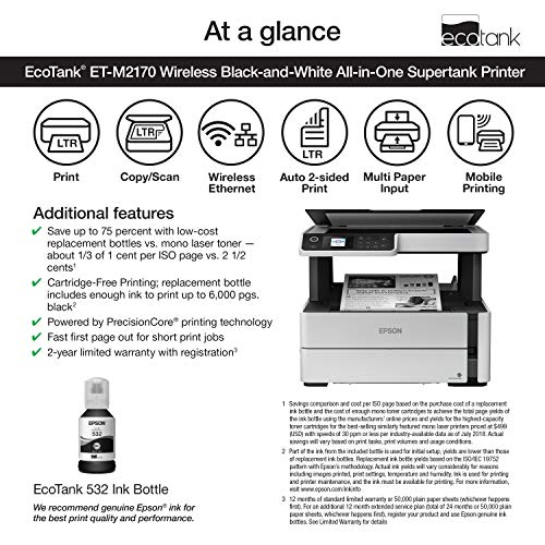 Epson EcoTank ET-M2170 Wireless Monochrome All-in-One Supertank Printer with Ethernet PLUS 2 Years of Unlimited Ink
