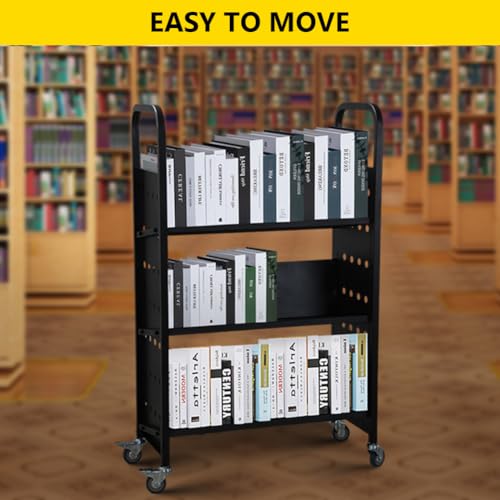 MERXENG V-Shaped Rolling Book Cart, 200LBS Capacity, 30x14x49, Lockable Wheels, Black