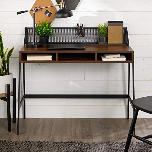 Walker Edison Industrial Mesh Wood Laptop Computer Writing Desk Home Office Workstation Small, 42 Inch, Dark Walnut Brown