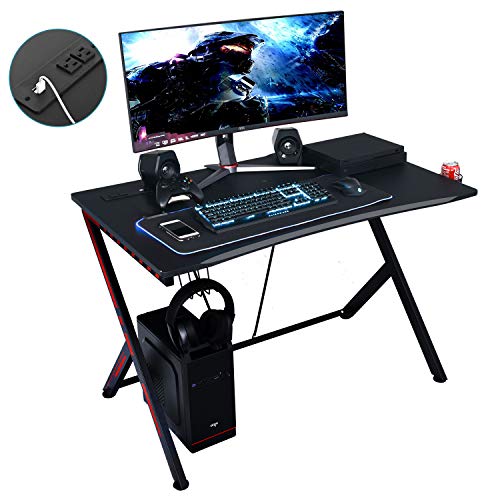 Gaming Desk 46" with USB Port, Racing Style Computer Desk with Cup Holder and Headphone Hook, Gaming PC Desk for Home Office Workstation 46" W x 29.5" D, Black