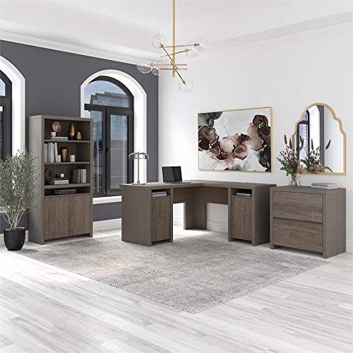 Bush Furniture Bristol L Shaped Desk with File Cabinet and Bookcase in Gray - Engineered Wood