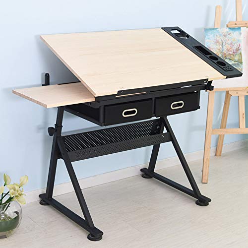 Standing Desk Student Writing Drawing Drafting Table Modern Metal Worktable Adjustable Top and Stool, Black