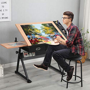 Waful Drafting Drawing Art Table Desk with Tiltable Tabletop and Storage Drawers