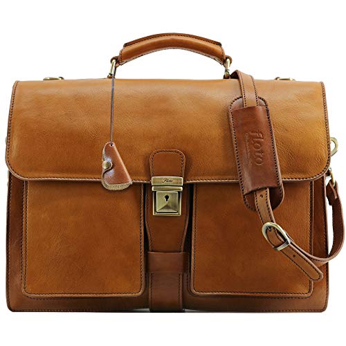Floto Novella Leather Briefcase Attache Messenger Bag (Tobacco Brown)