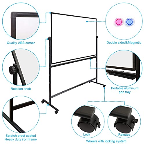 VISTECH 70x38 Large Mobile Whiteboard, Height Adjust 360 Degree Rotation Double Sided Magnetic Dry Erase Board with Black Stands, Rolling White Board on Wheels for Office Home Gym and Classroom