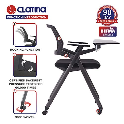 CLATINA Mesh Folding Chairs with Tablet Arm and Wheels, Black (4 Pack)
