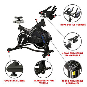 Sunny Health & Fitness ASUNA 7150 Minotaur Exercise Bike Magnetic Belt Drive Commercial Indoor Cycling Bike with 330 LB Max Weight, SPD Style / Cage Pedals and Aluminum Frame, Black