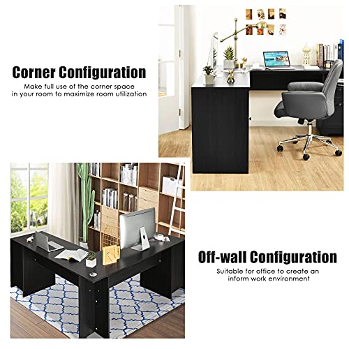 Tangkula L-Shaped Desk, 66" × 66" Corner Computer Desk with Drawers and Storage Shelf, Home Office Desk, Sturdy and Space-Saving Writing Table, Black